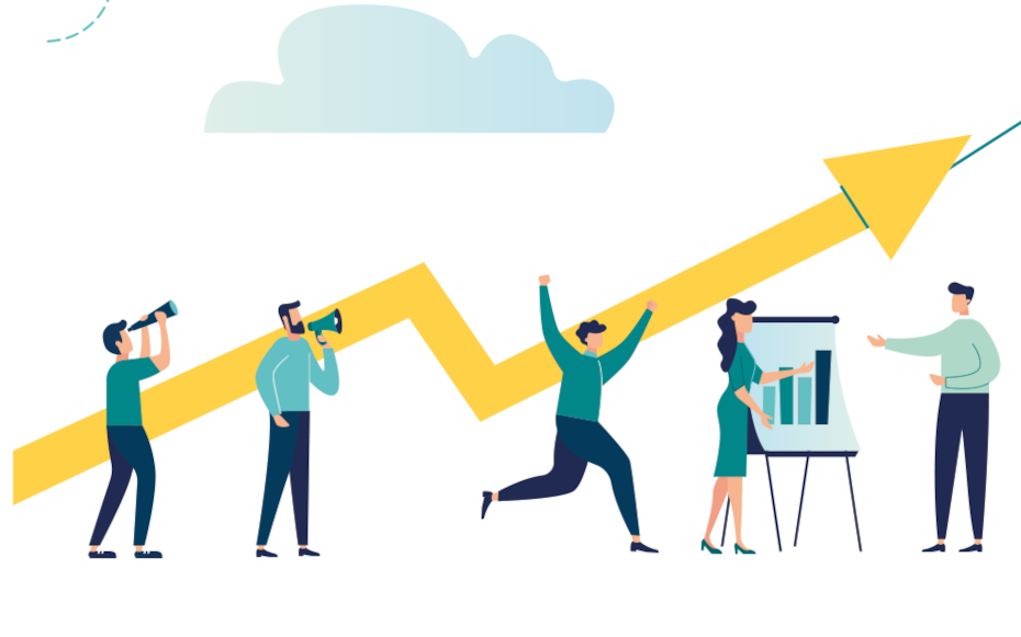 An illustration of people holding on to a line graph.